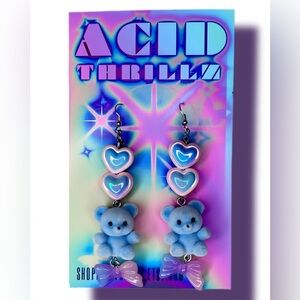 Pastel Goth Blue Fuzzy Teddy Bear Kawaii Earrings with Heart Beads and Bow Charm